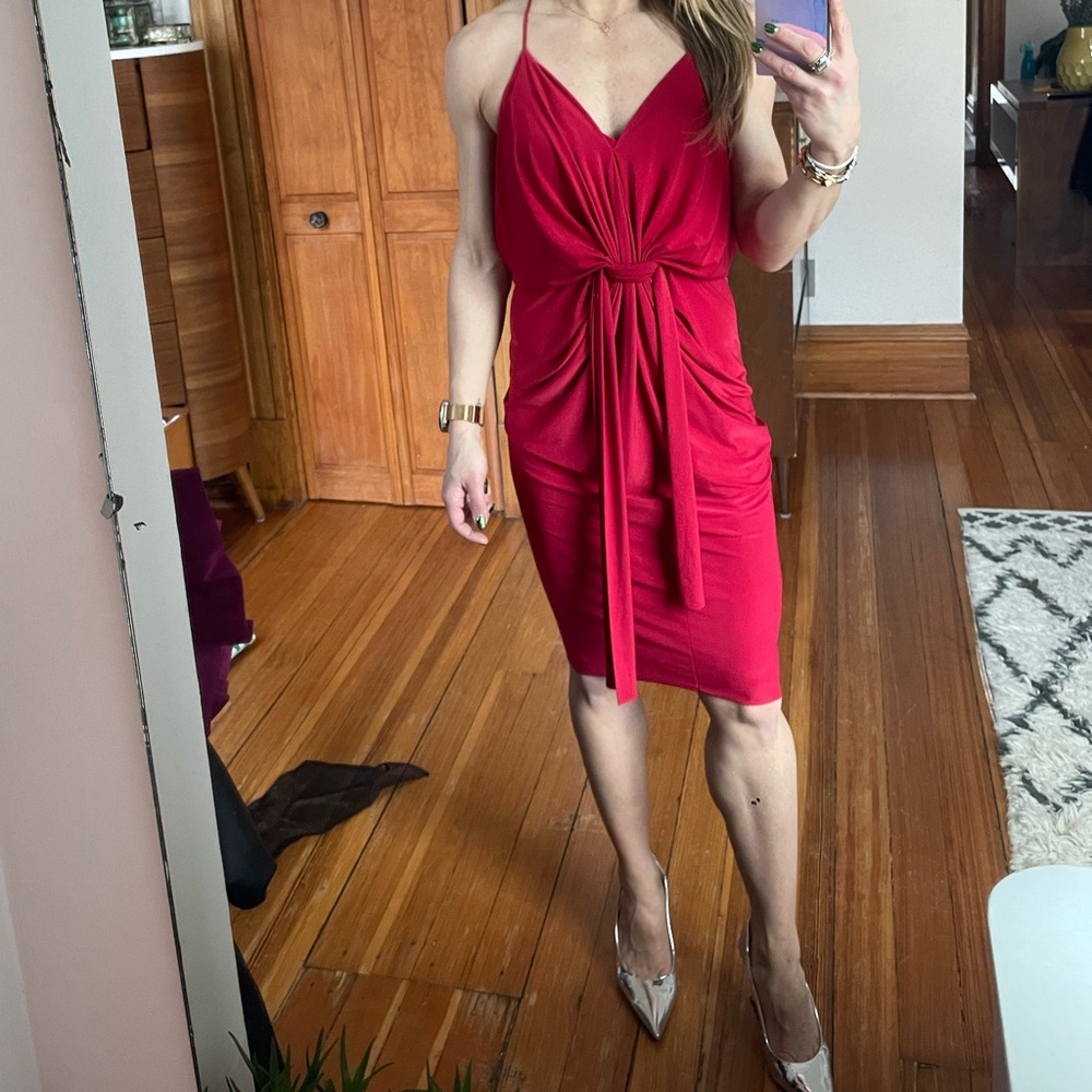 Misa Los Angeles Red Wrap Midi Dress Spaghetti Strap